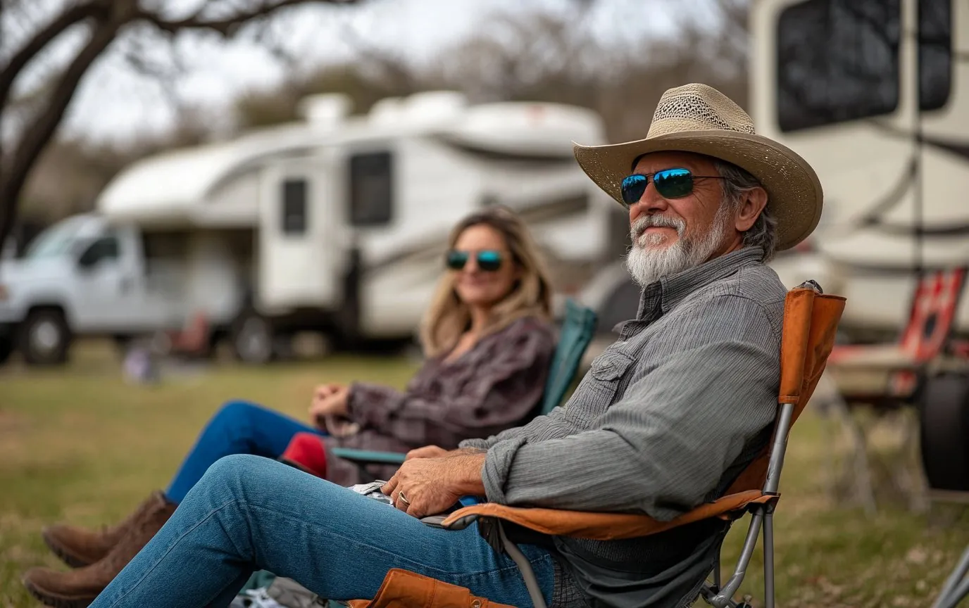 Couple relaxing at their RV campsite
