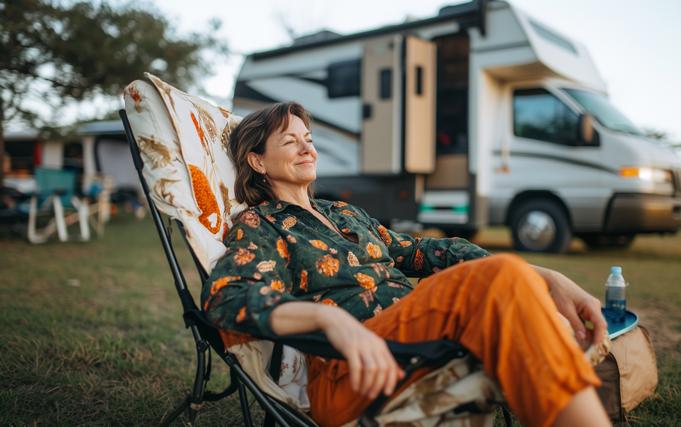 a woman relaxes in an rv campground near austin tx